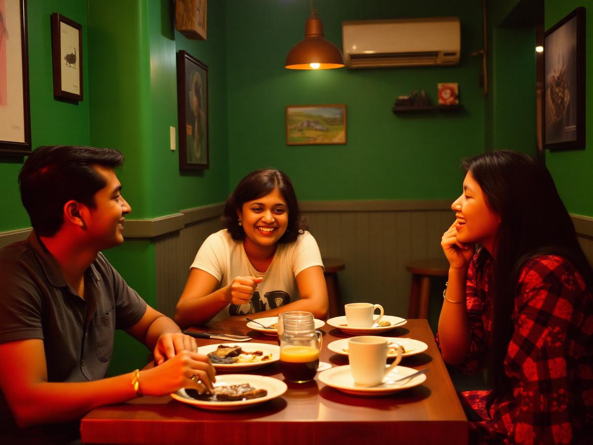 Guests sharing plates in the warm interiors of Junglee Cafe