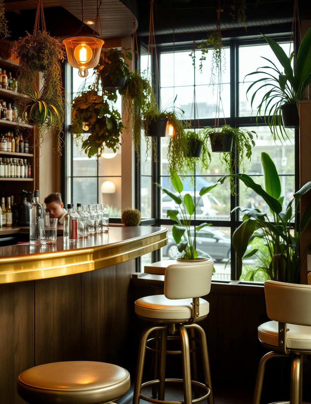 Bar counter with hanging plants at Junglee Cafe
